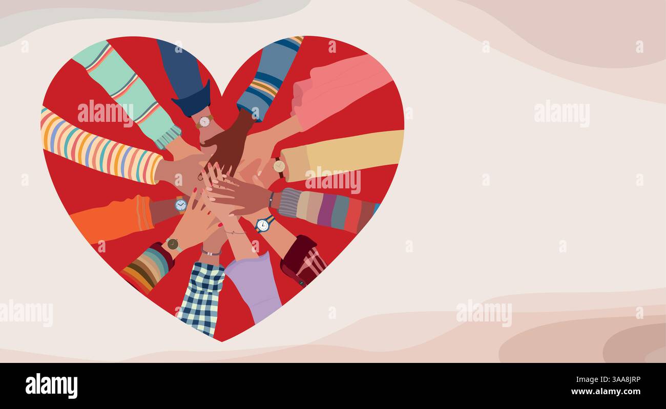 Heart shape with hands inside in circle of multicultural people in sign ...