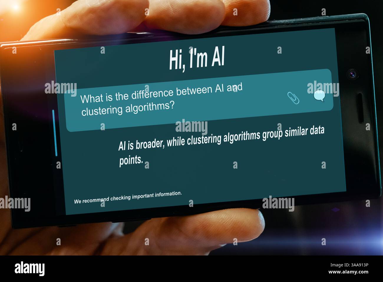 What is the difference between AI and clustering algorithms? Question for AI on tablet screen AI is broader, while clustering algorithms group similar Stock Photo