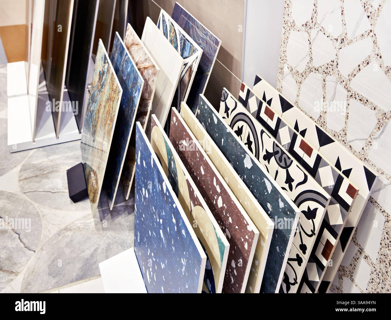 Colored pattern porcelain stoneware tiles in a store Stock Photo