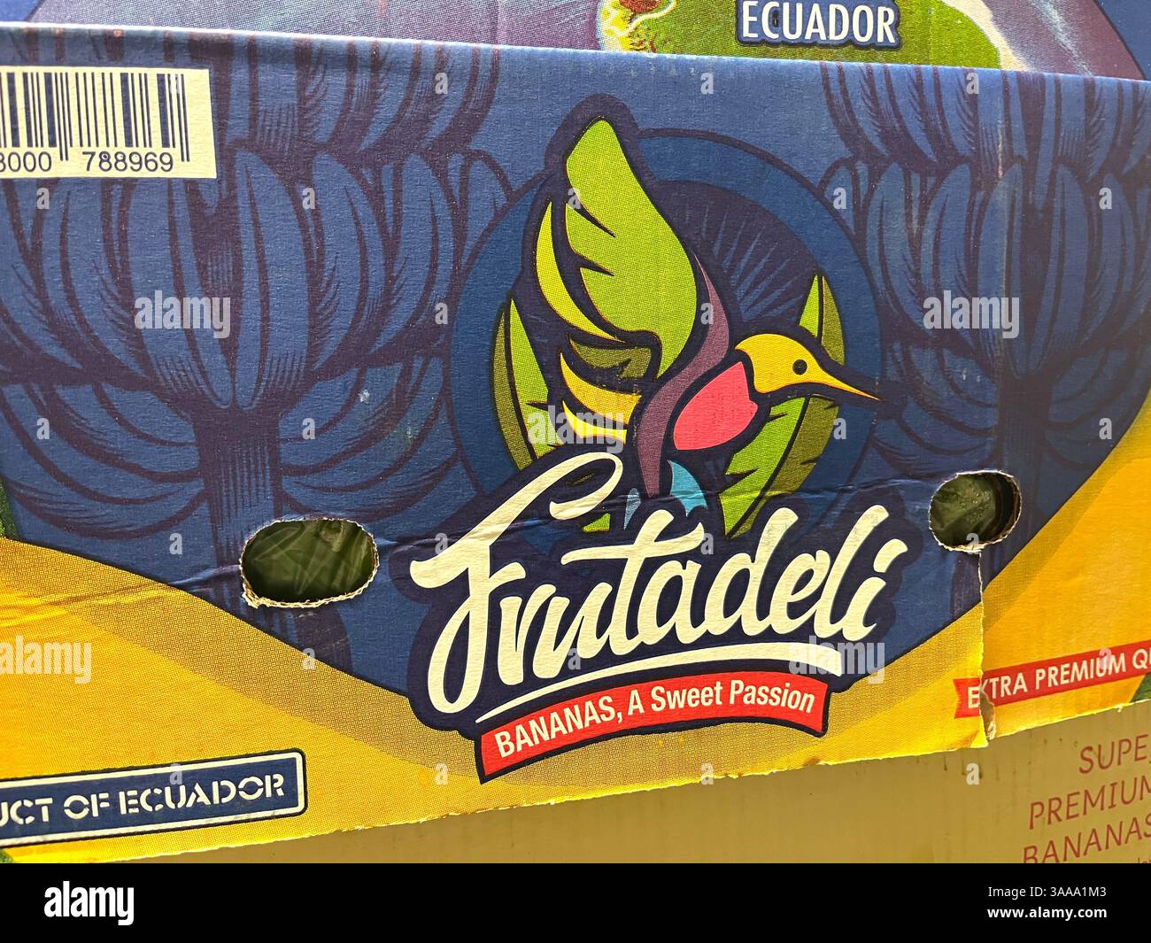 Frutadely, Ecuador bananas, banana box, cardboard banana box, banana shipping box, packing box bananas, wholesale banana box, banana box shipping - Smartphone Captured Stock Image