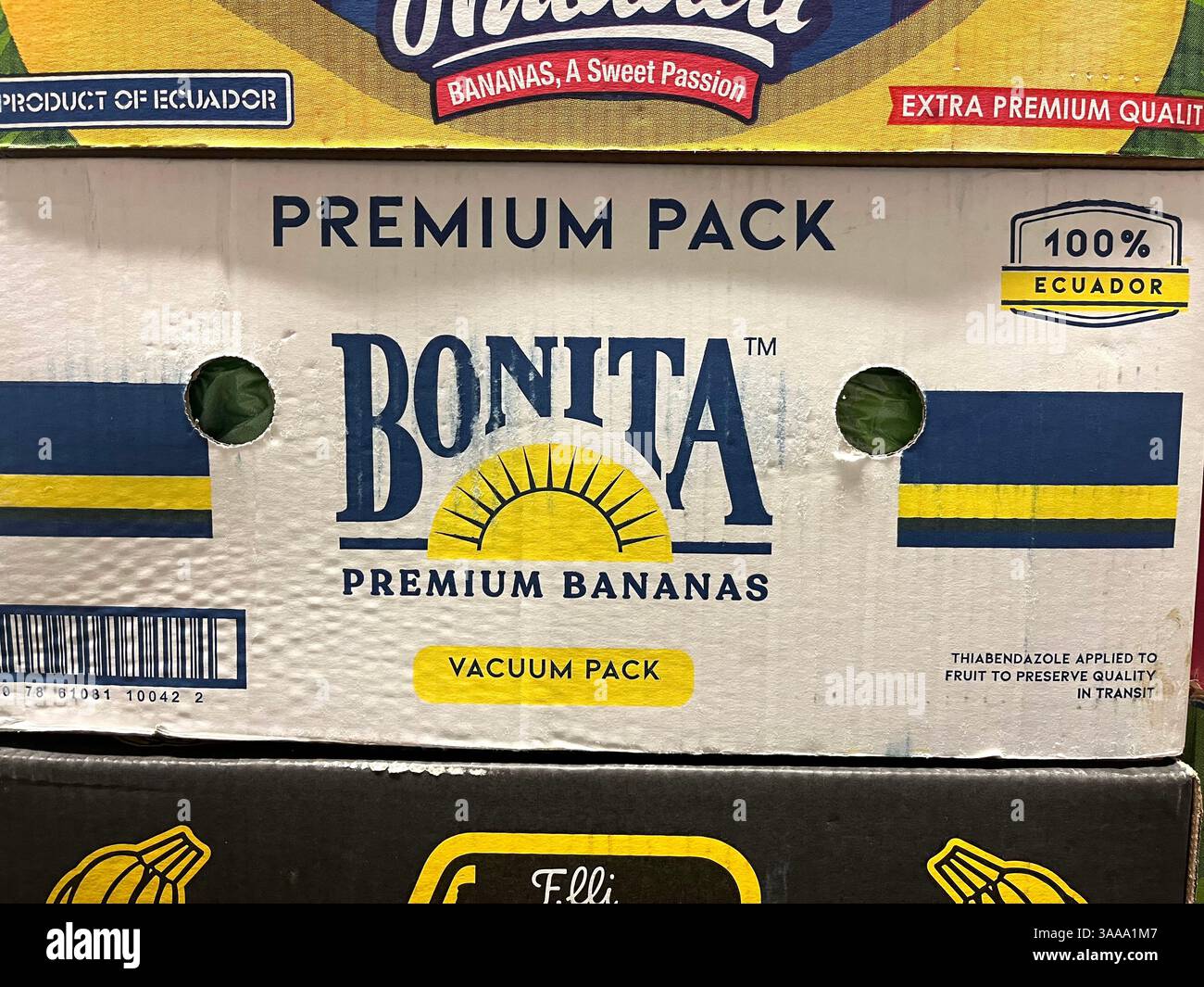 Bonita Premium bananas, banana boxes, cardboard banana boxes, banana shipping boxes, packing boxes bananas, bulk banana boxes, wholesale banana boxes - Smartphone Captured Stock Image