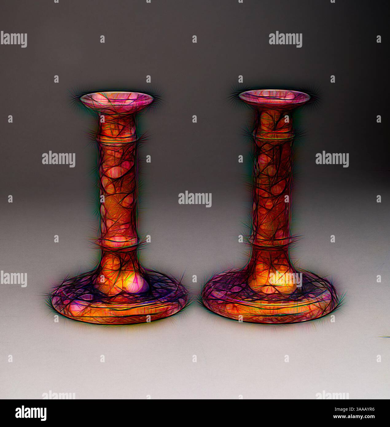 Two elegantly styled candlesticks, featuring intricate patterns and vibrant hues, stand side by side, their forms enhanced by a striking visual texture that adds depth and interest to their design., Classic art with a modern twist reimagined by Artotop, Based on Candlestick (one of a pair), 1810/20, England, Sunderland, Sunderland, Lead-glazed earthenware with lustre decoration, H. 15.9 cm (6 1/4 in.) Stock Photo