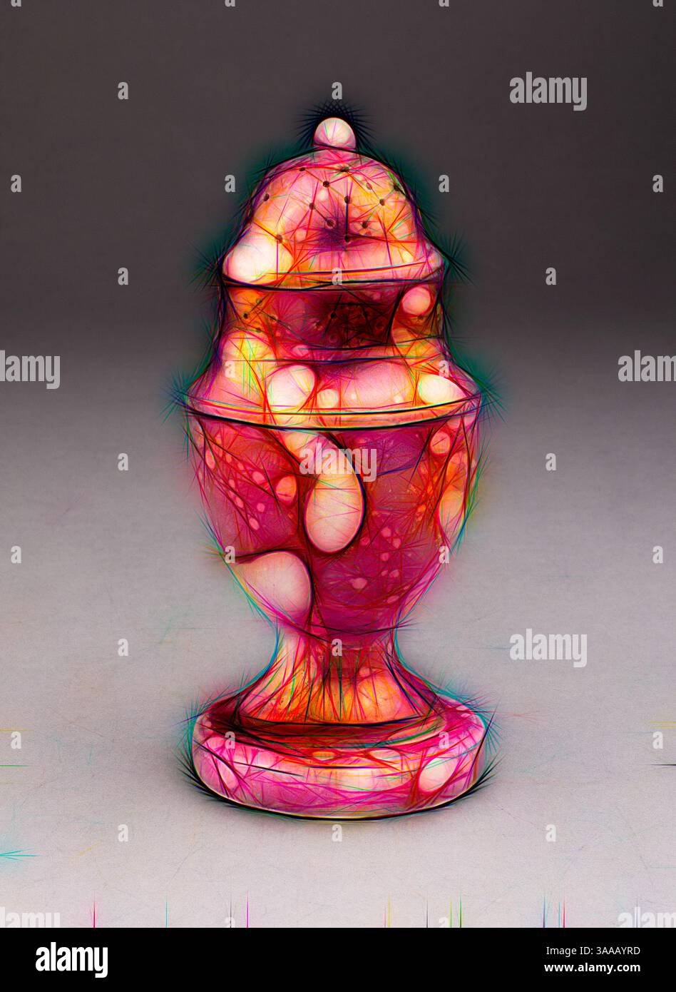 A whimsical, intricately designed vessel with a rounded lid, featuring swirling patterns and vibrant colors that create a sense of depth and texture. The playful shapes evoke a sense of fantasy and creativity., Classic art with a modern twist reimagined by Artotop, Based on Salt or Pepper, 1810/20, England, Sunderland, Sunderland, Lead-glazed earthenware with lustre decoration, H. 12.7 cm (5 in.) Stock Photo