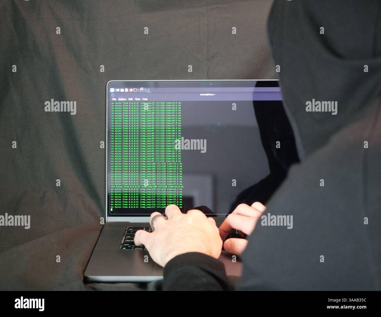 Black Hat Hacker in Black Hoodie Hacking from Kali Linux Terminal Stock ...
