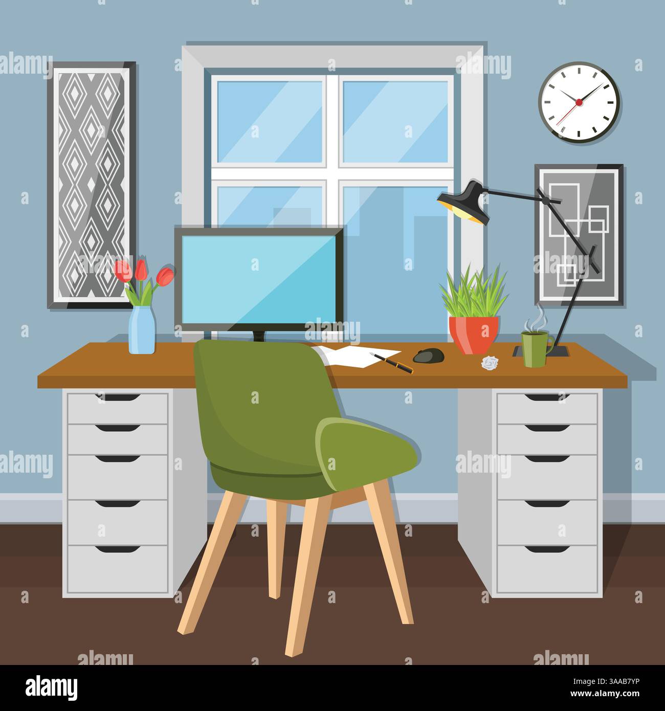 Illustration of modern workplace in room with window. Creative office workspace. Flat minimalistic style Stock Vector
