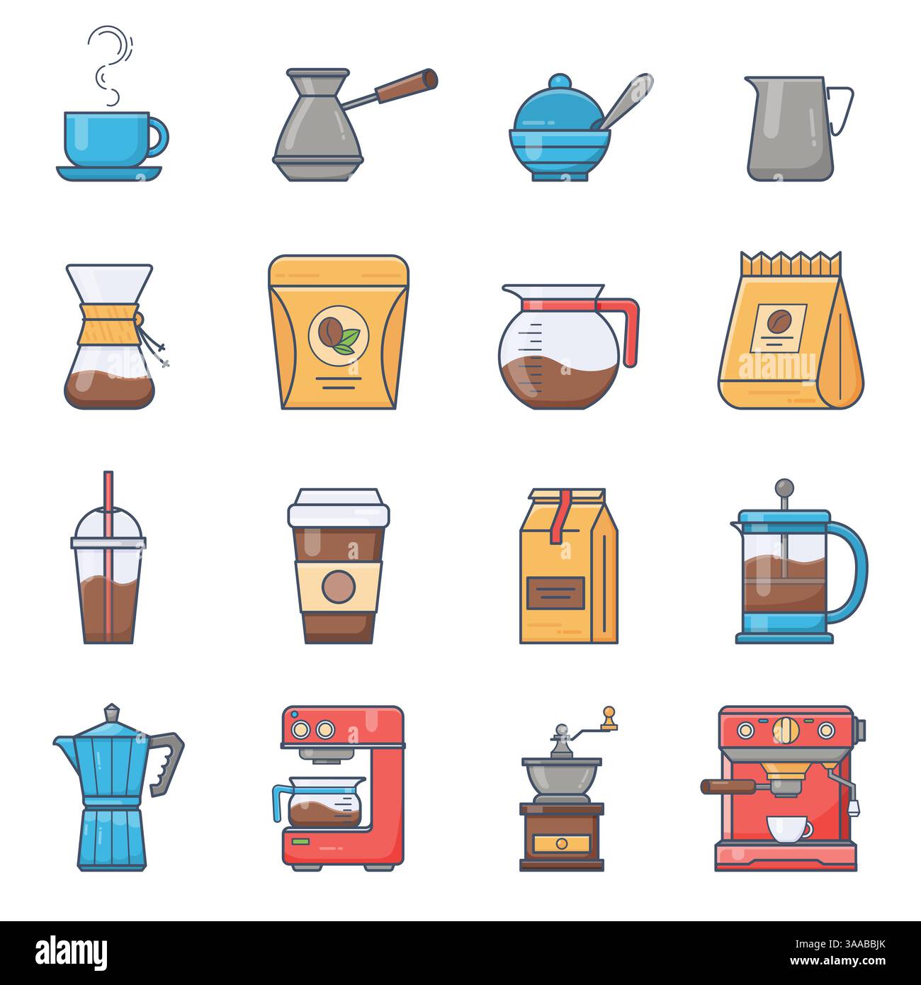 Linear colored flat coffee icons. Set of Vector Coffee Elements and Accessories Stock Vector