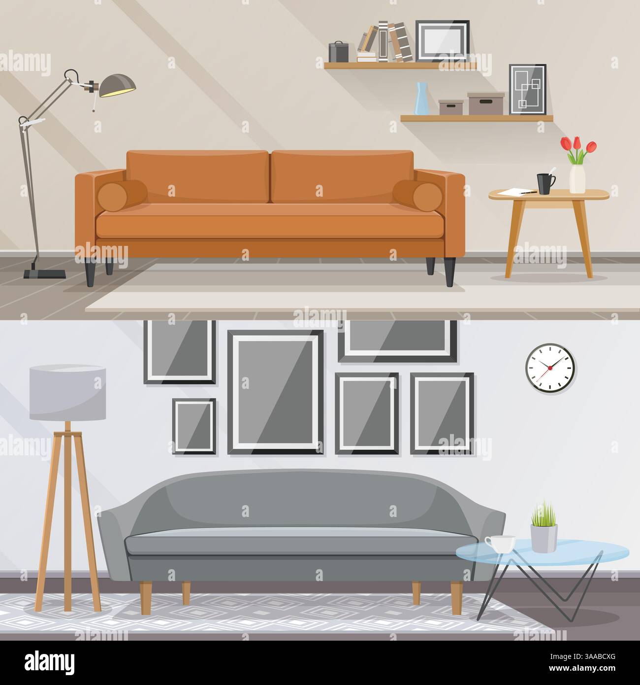 Stylish interior design. Sofa, table, bookcase, lamp, pictures. Elements of interior and living room furniture vector concept Stock Vector