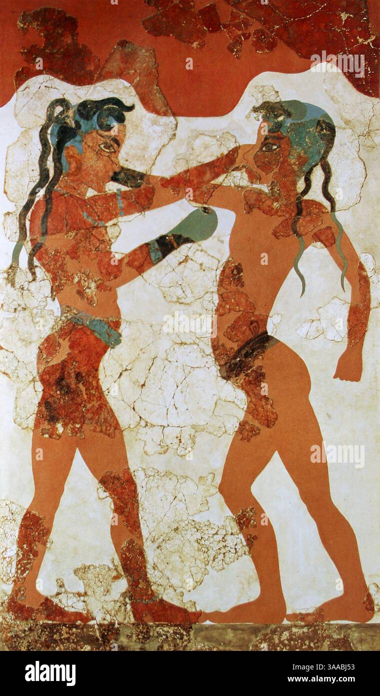 BOXING  A fresco painting at Akrotiri on the Greek island of Santorini shows a pair of Minoan boxers, both wearing gloves, about  1650 BC. Stock Photo