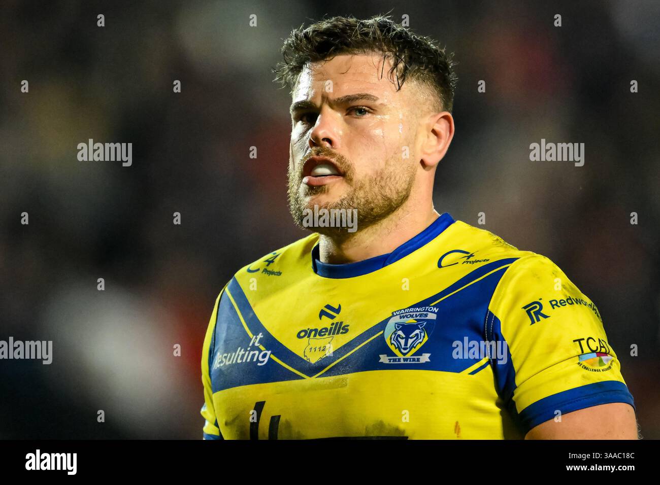 ST. HELENS, ENGLAND - 28 MARCH 2025: Joe Philbin of Warrington Wolves ...