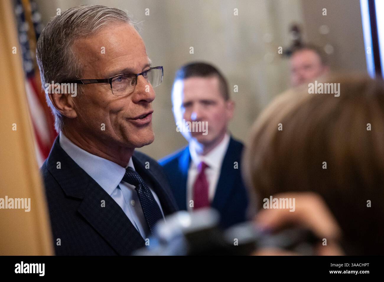 Senate Majority Leader John Thune (R-S.D.) speaks with reporters ...