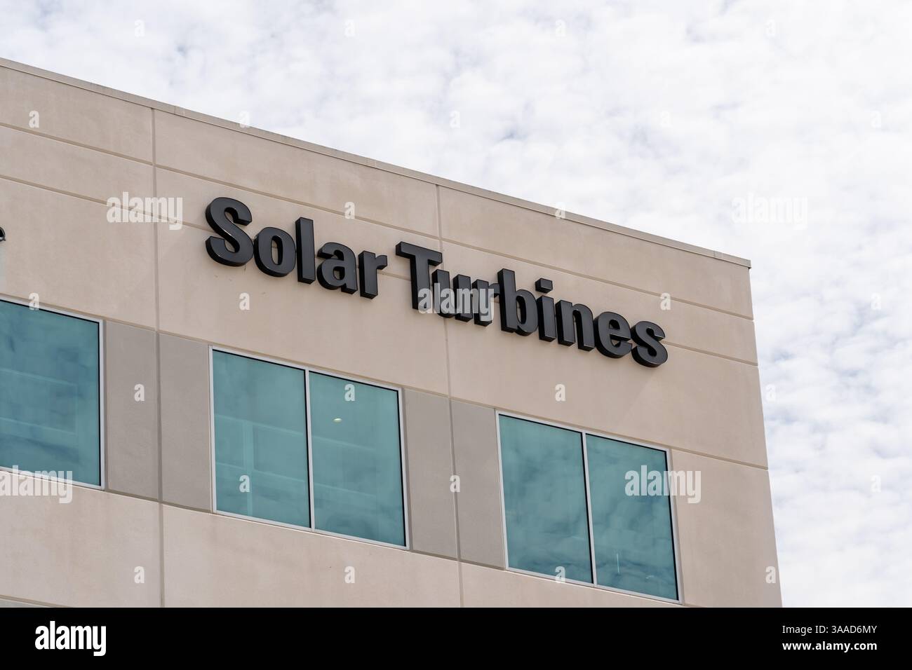 Houston, Texas, USA - March 2, 2022: Solar Turbines sign on its office building in Houston, Texas, USA. Stock Photo