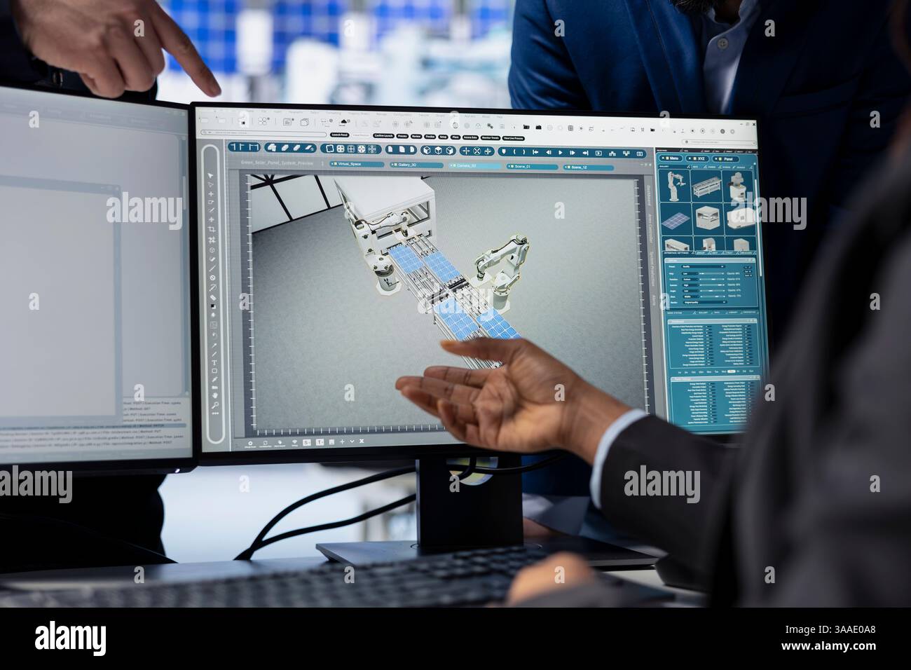 Solar energy production facility programmer writing software code on computer, developing tools to manage robotic machinery operations under supervisor surveillance, close up shot Stock Photo