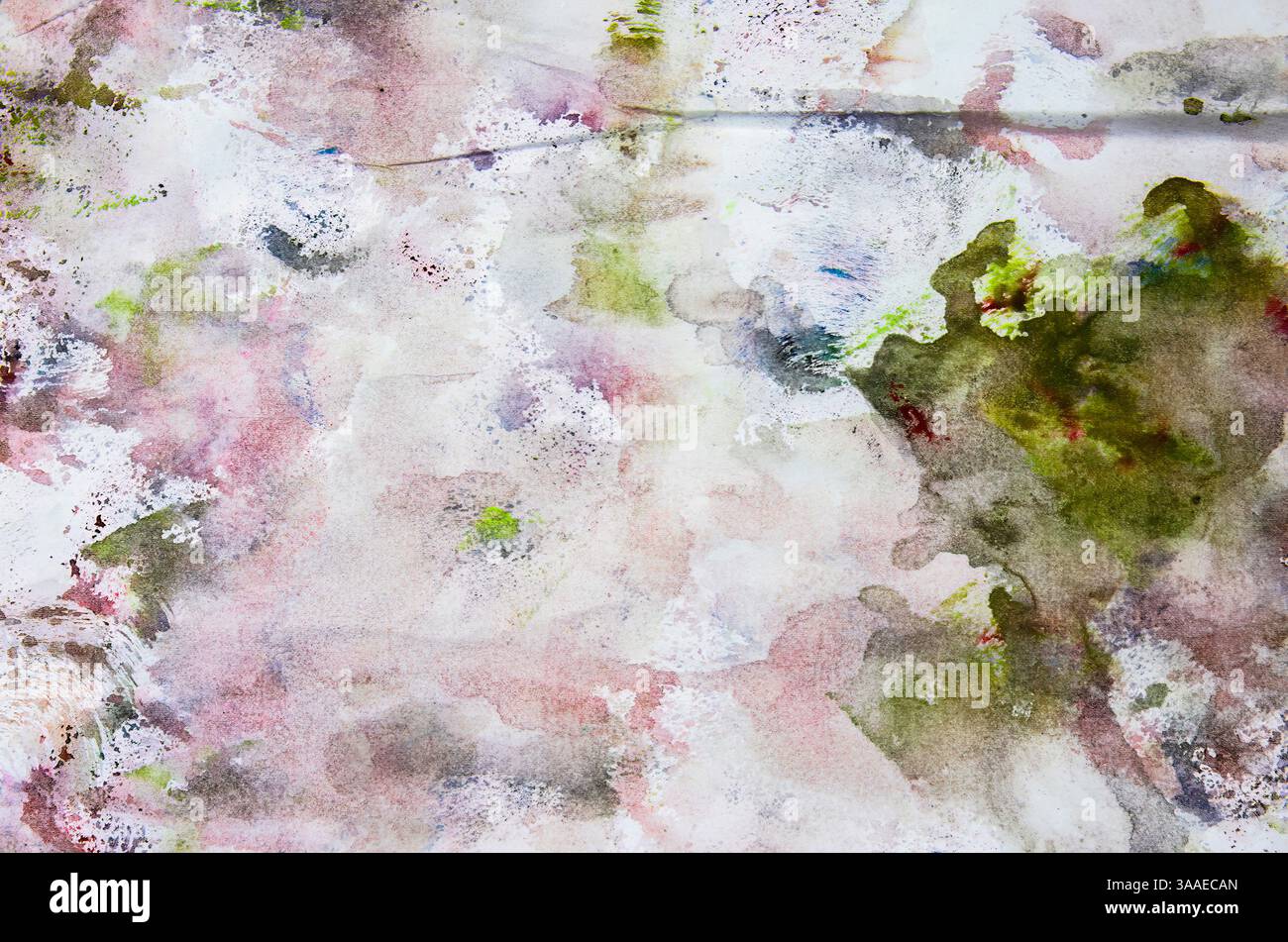 Abstract artwork featuring soft, muted tones of green, purple, and white. Irregular patches create a textured, organic appearance with fluid depth. Stock Photo