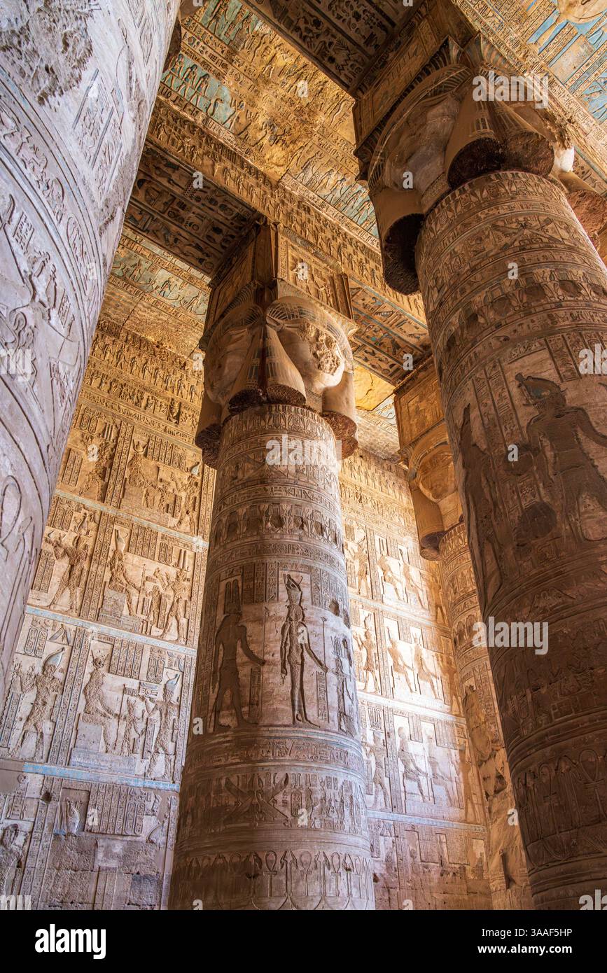 Carvings on the interior columns and roof of the temple of Hathor at ...