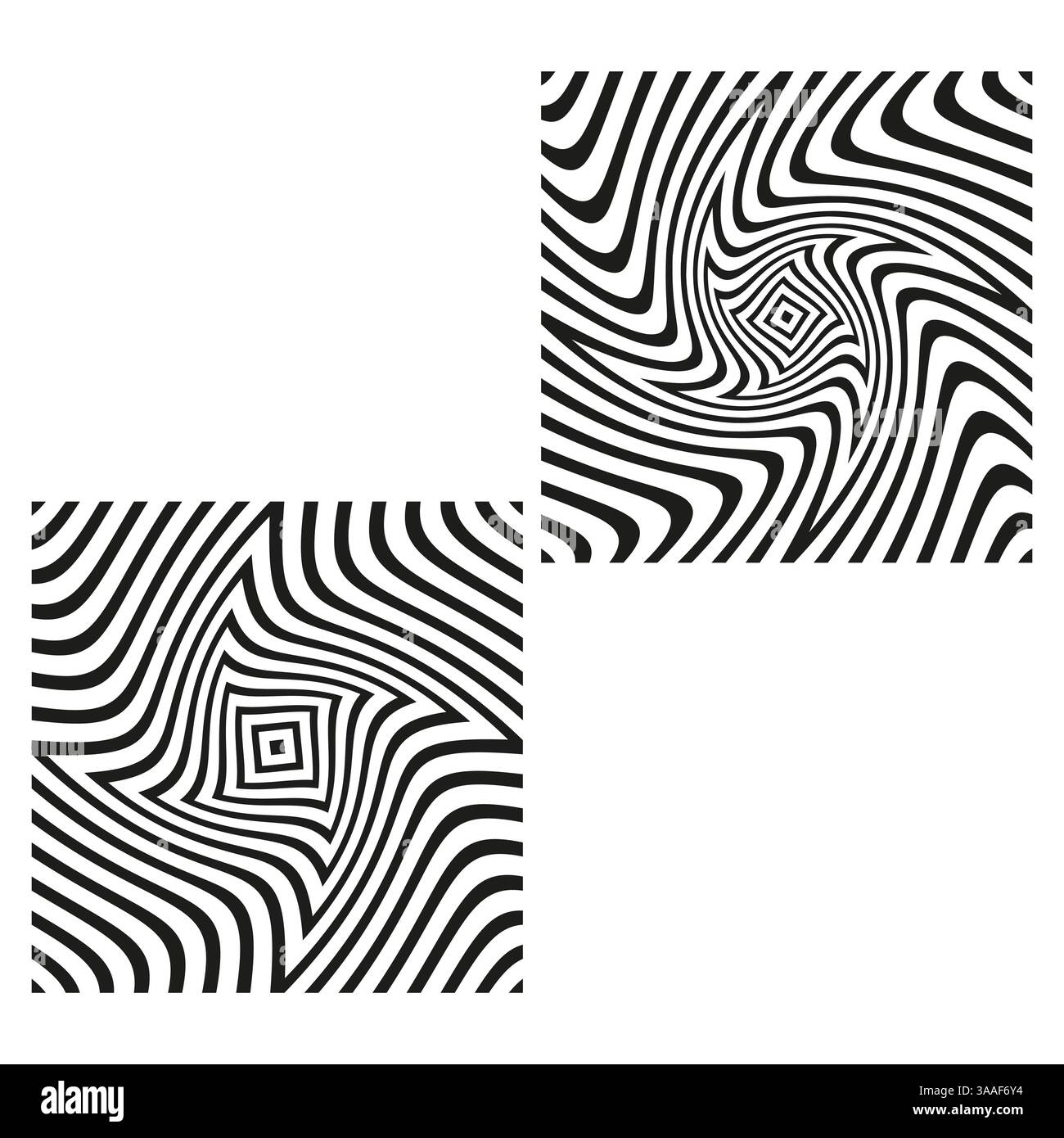 Optical swirl illusion. Square vortex pattern. Twisted stripe vector. Psychedelic abstract background. Stock Vector