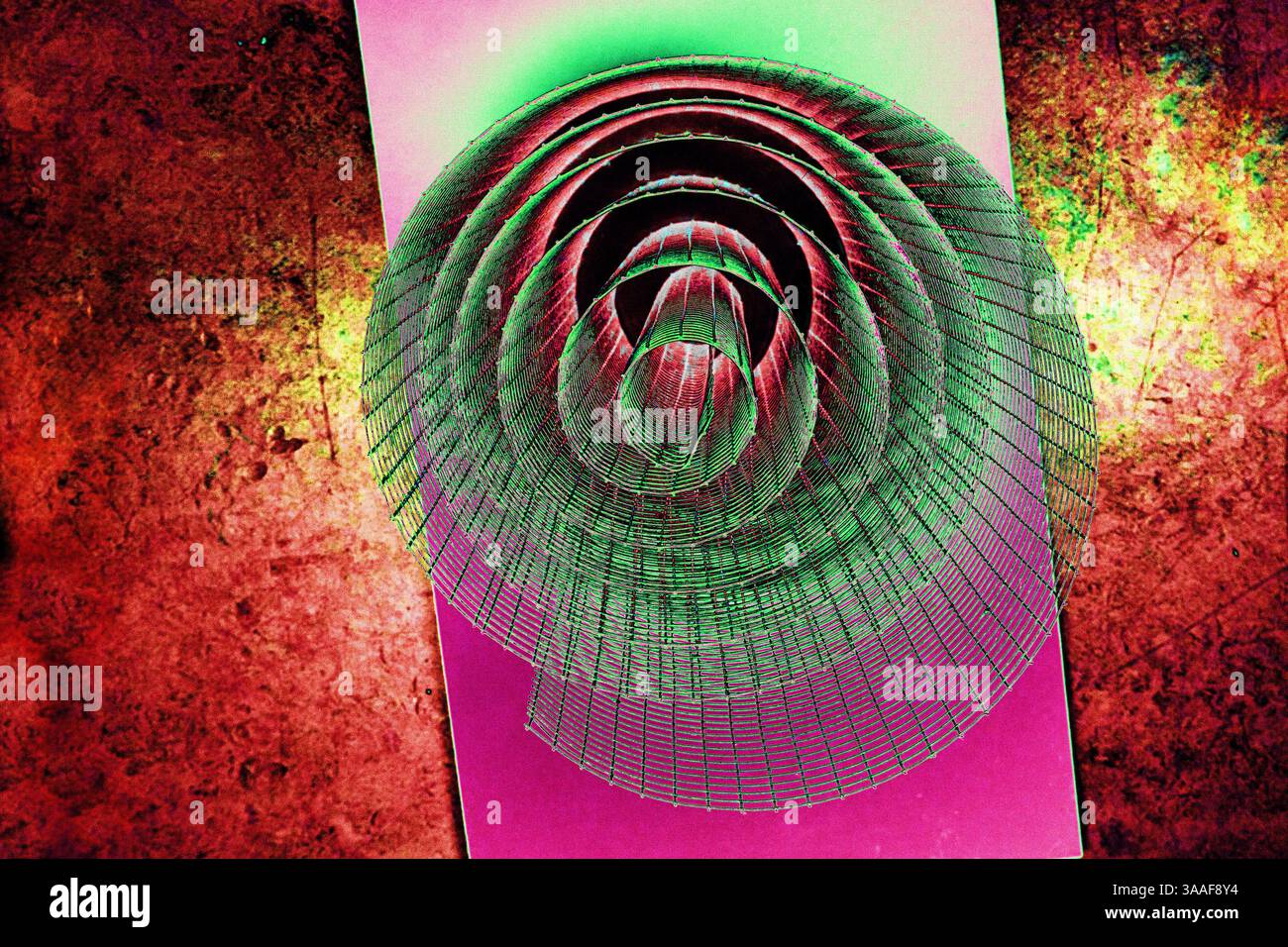 Abstract spiral structure with green, red and pink tones, dynamic composition, vibrant textures, modern design, colorful geometric futuristic pattern, Stock Photo