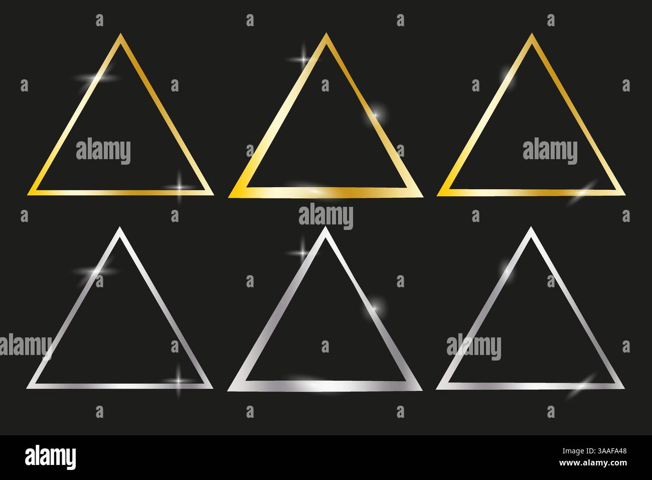 Golden triangle shapes. Silver triangle frames. Sparkling black background. Vector elegance outline. Stock Vector