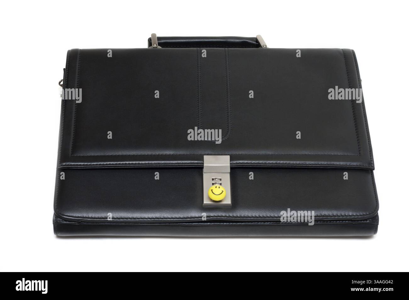 Black stylish leather briefcase with code lock and yellow smile Stock Photo