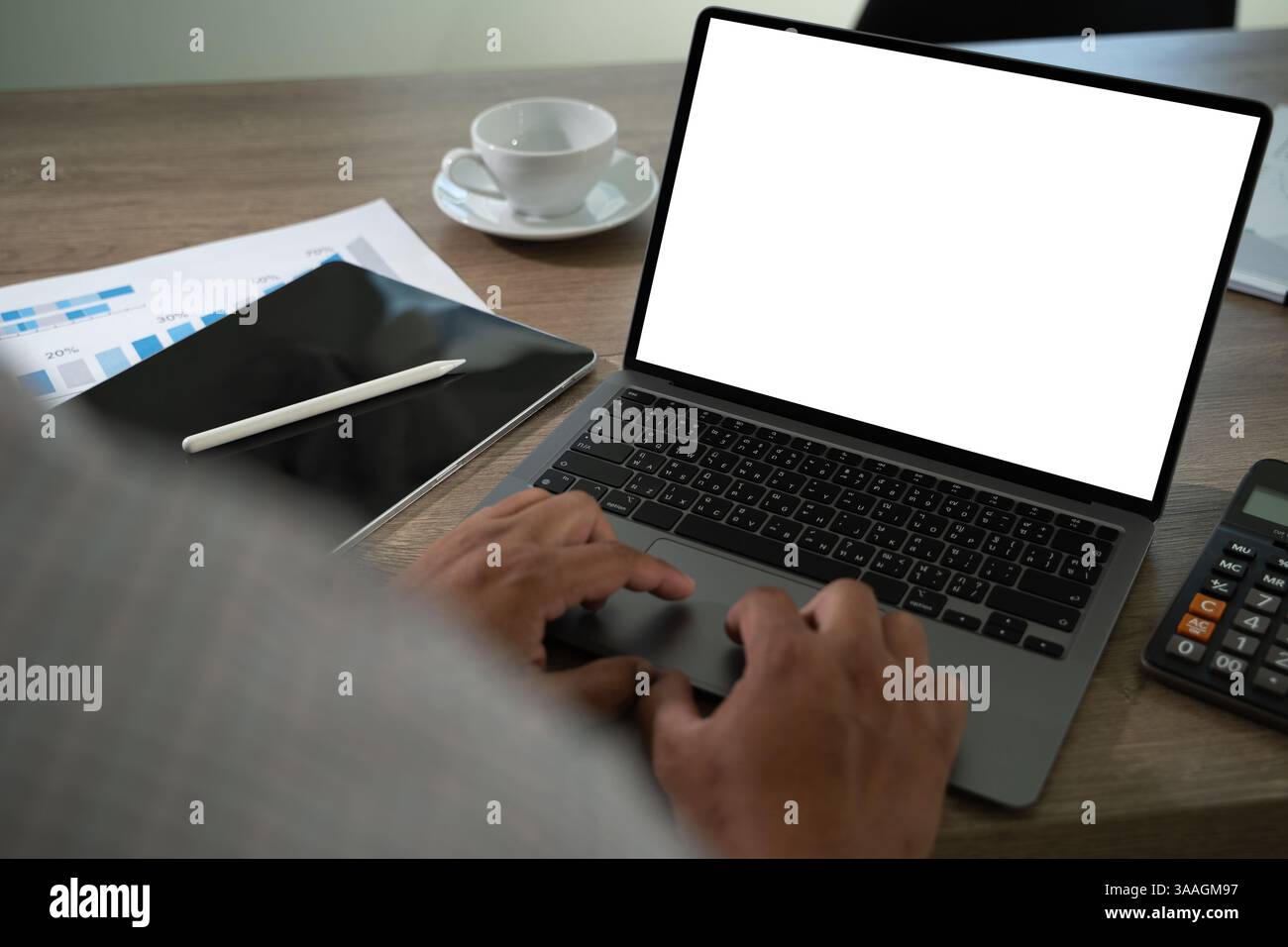 mock up Using laptop with blank screen computer modern Stock Photo