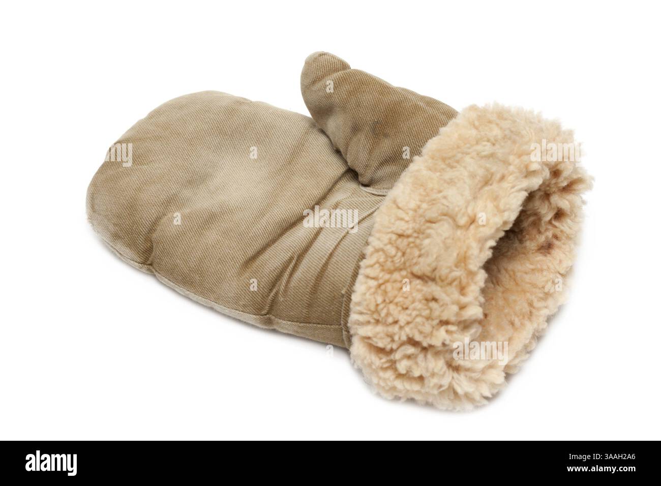 Winter mitten with fur of the sheepskin on white background Stock Photo ...