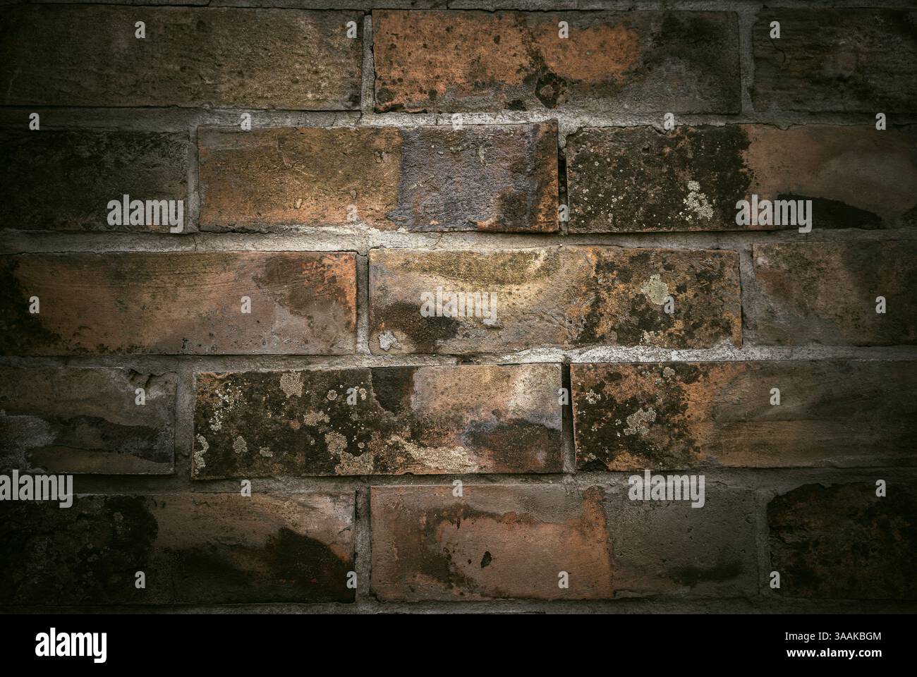 Interesting facade decorative bricks under dramatic lighting. Stock Photo
