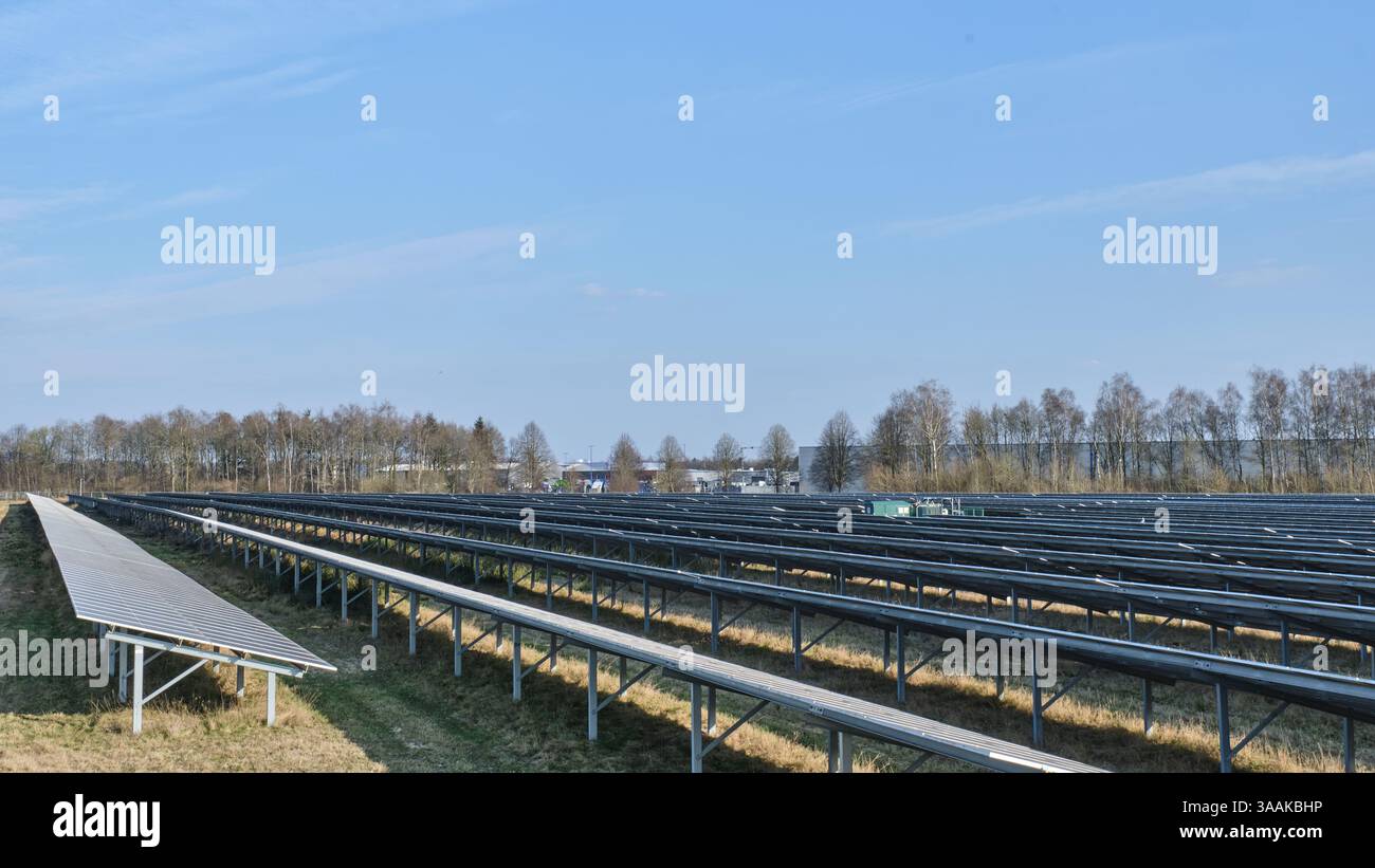 March 25, 2020 - Emmen-Netherlands: Large solar park at the GZI Next energy hub, generating renewable electricity with photovoltaic panels. Stock Photo