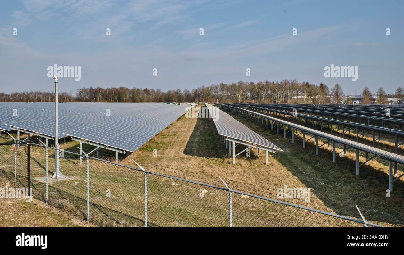 March 25, 2020 - Emmen-Netherlands: Large solar park at the GZI Next energy hub, generating renewable electricity with photovoltaic panels. Stock Photo