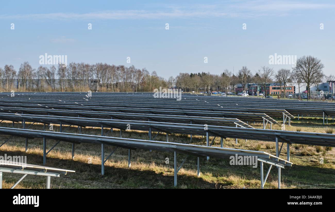 March 25, 2020 - Emmen-Netherlands: Large solar park at the GZI Next energy hub, generating renewable electricity with photovoltaic panels. Stock Photo