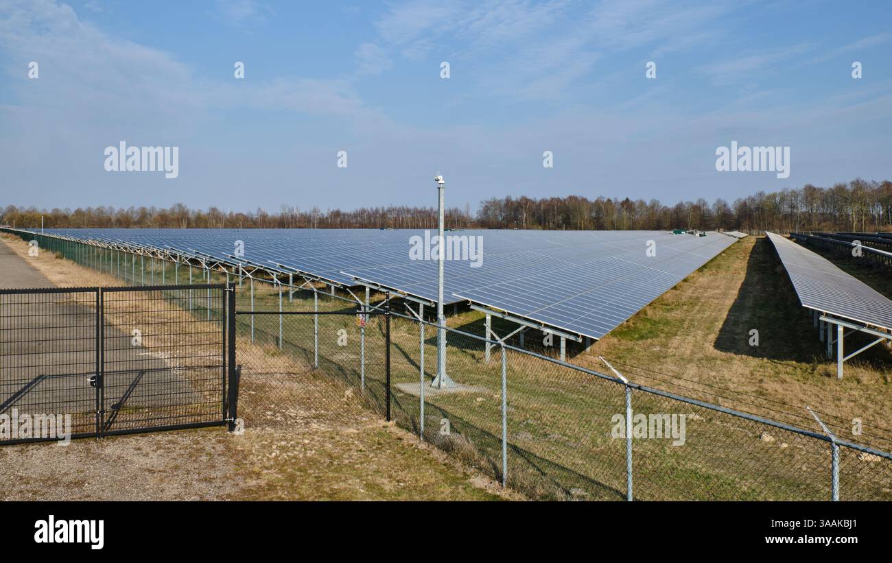 March 25, 2020 - Emmen-Netherlands: Large solar park at the GZI Next energy hub, generating renewable electricity with photovoltaic panels. Stock Photo