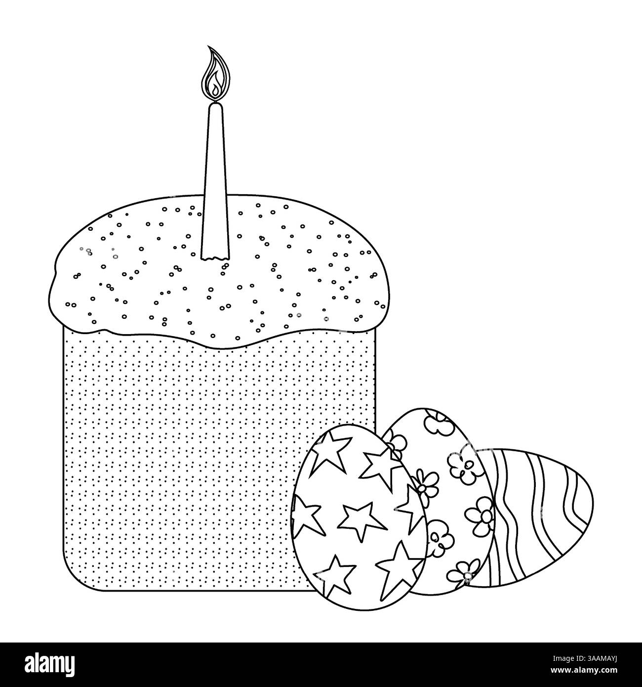 Black and white Easter illustration featuring a traditional holiday Easter cake with a lit candle and decorated Easter eggs for coloring page. Stock Vector
