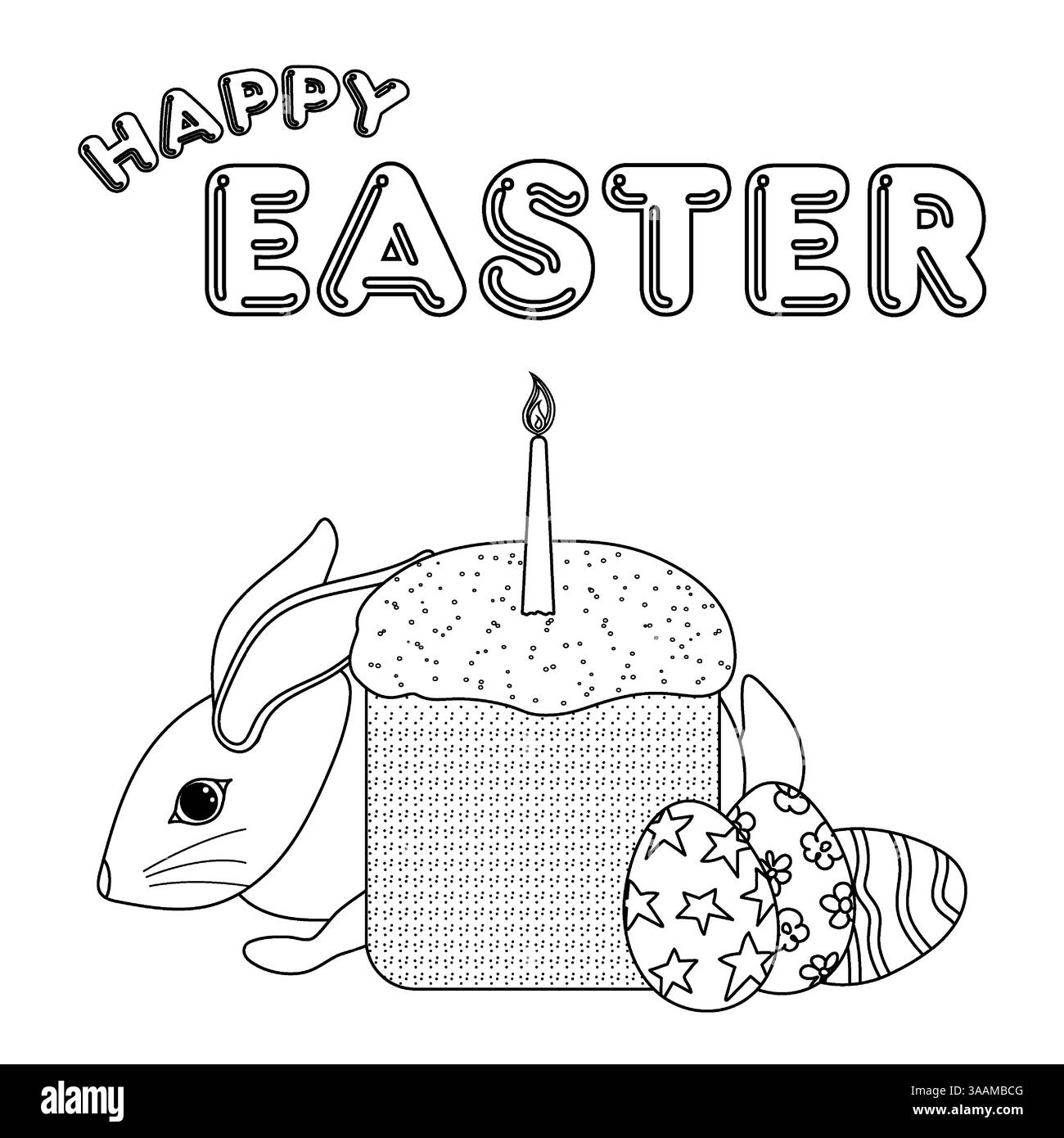 Black and white greeting card featuring a rabbit, festive Easter cake with a candle, and decorated Easter eggs for coloring page. Easter bunny. Stock Vector