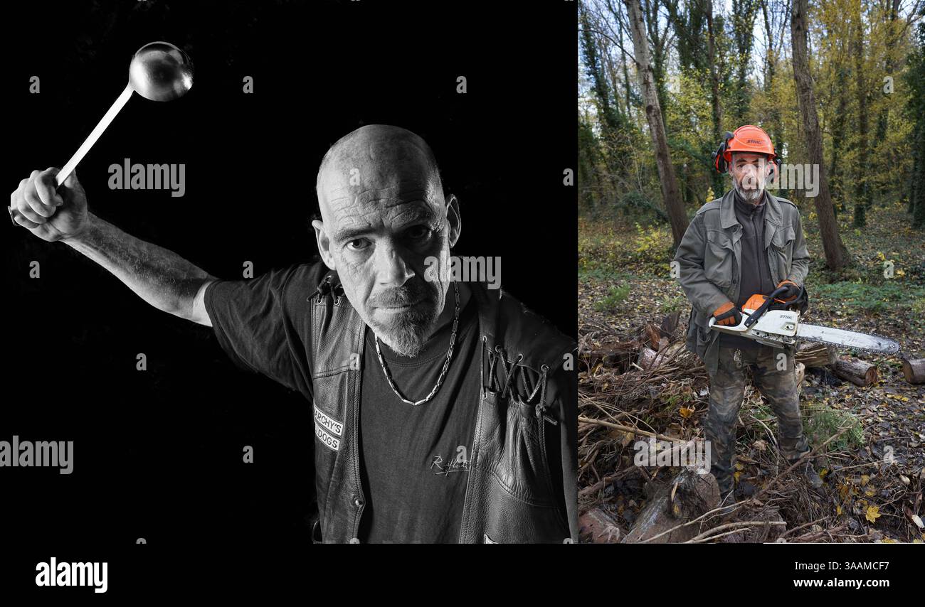 Dec 11, 2017 - Paris, France - FRED aka LA LOUCHE of Anarchy's Bulldogs MC, is a forestry worker and rides a Harley Davidson 1340cc softail 1993. (Credit Image: © Pierre Pankotay/zReportage.com via ZUMA Wire) Stock Photo