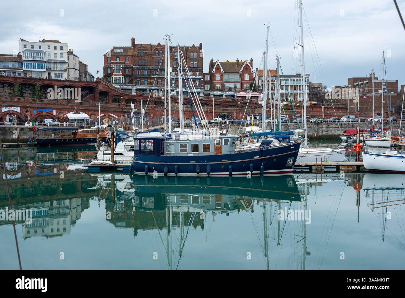 Sailing boat is moored at the Ramsgate Royal Harbour. The status 'royal ...