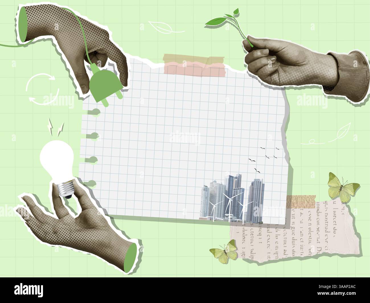 Hands Offering Growth in a Green Collage for Sustainable Design, vector ...
