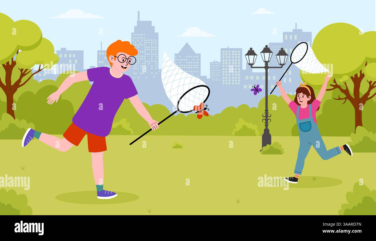 Children playfully chase butterflies in a city park during a sunny day Stock Vector
