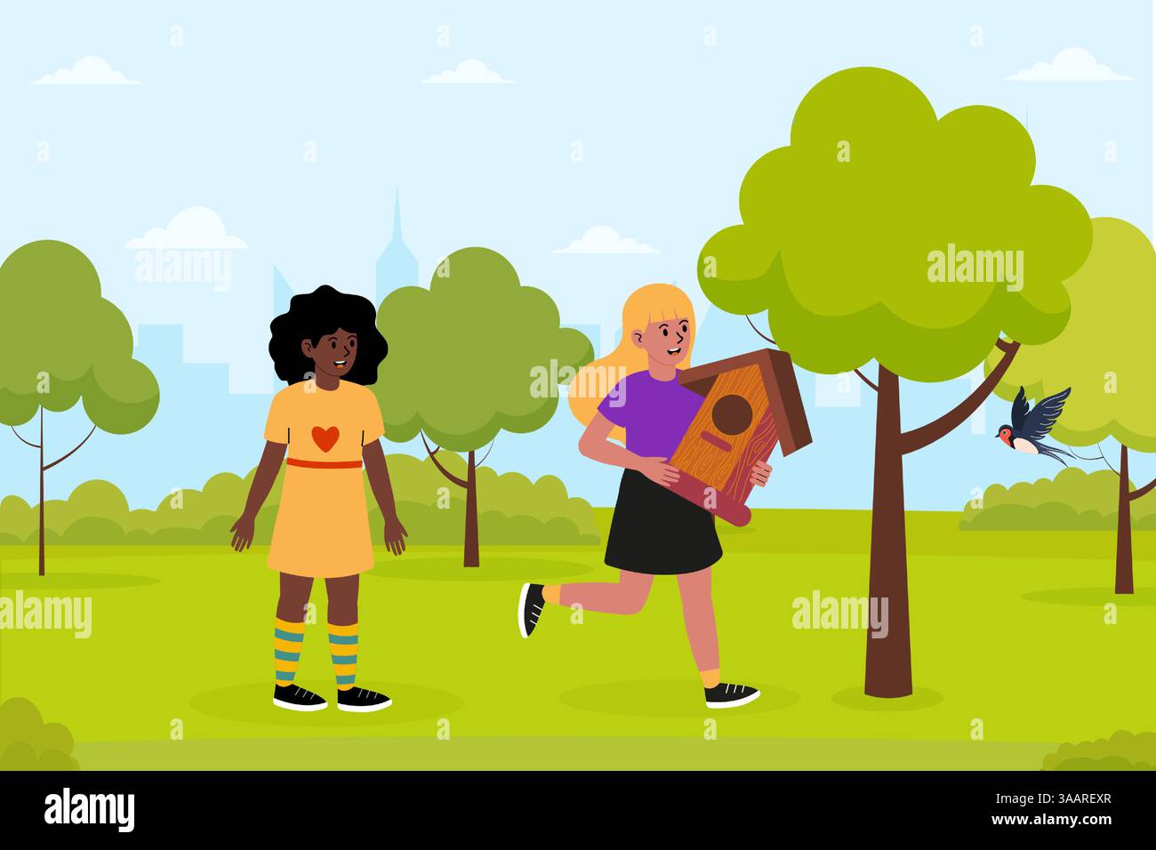 Two children in a park enjoy building a birdhouse while surrounded by ...