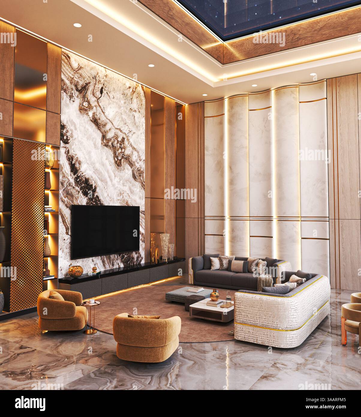 Elegant luxury living room with marble wall Stock Photo - Alamy
