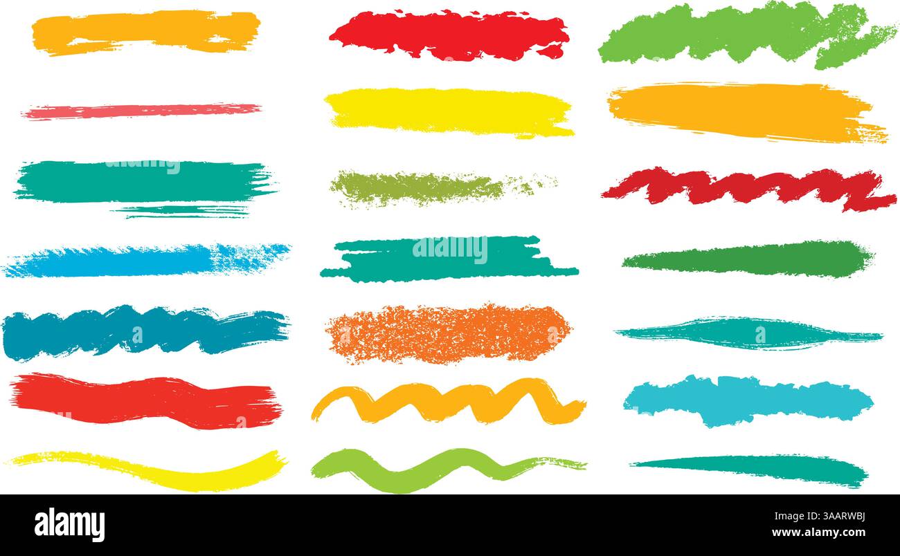 Colorful bright textured brush strokes. Crayons lines, kids set. Hand drawn paint highlighter, underline, mark, underline. Vector graphics Stock Vector