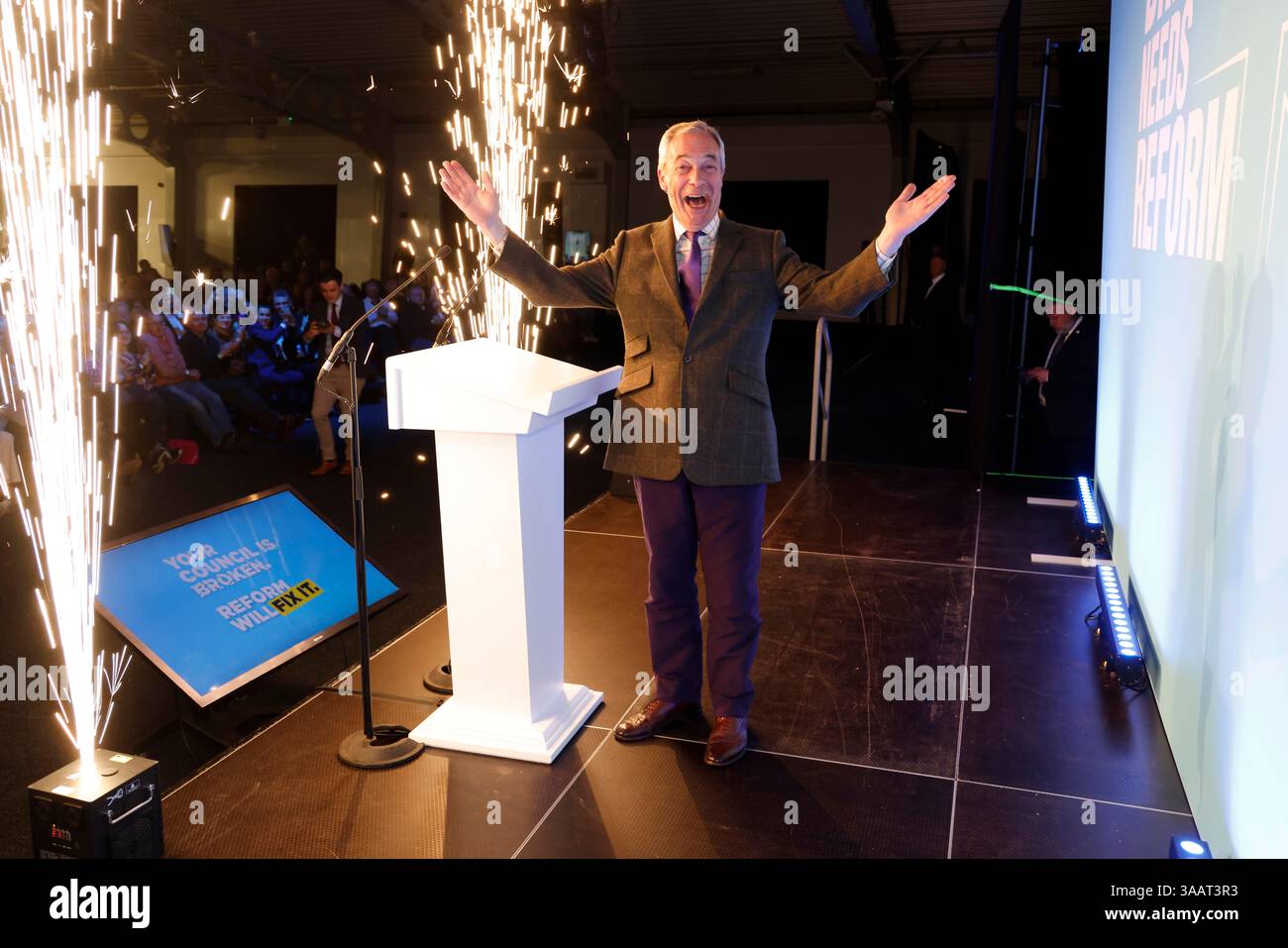 Det Lin UK. 31st Mar, 2025. Nigel Farage, leader of Reform UK, election rally ...