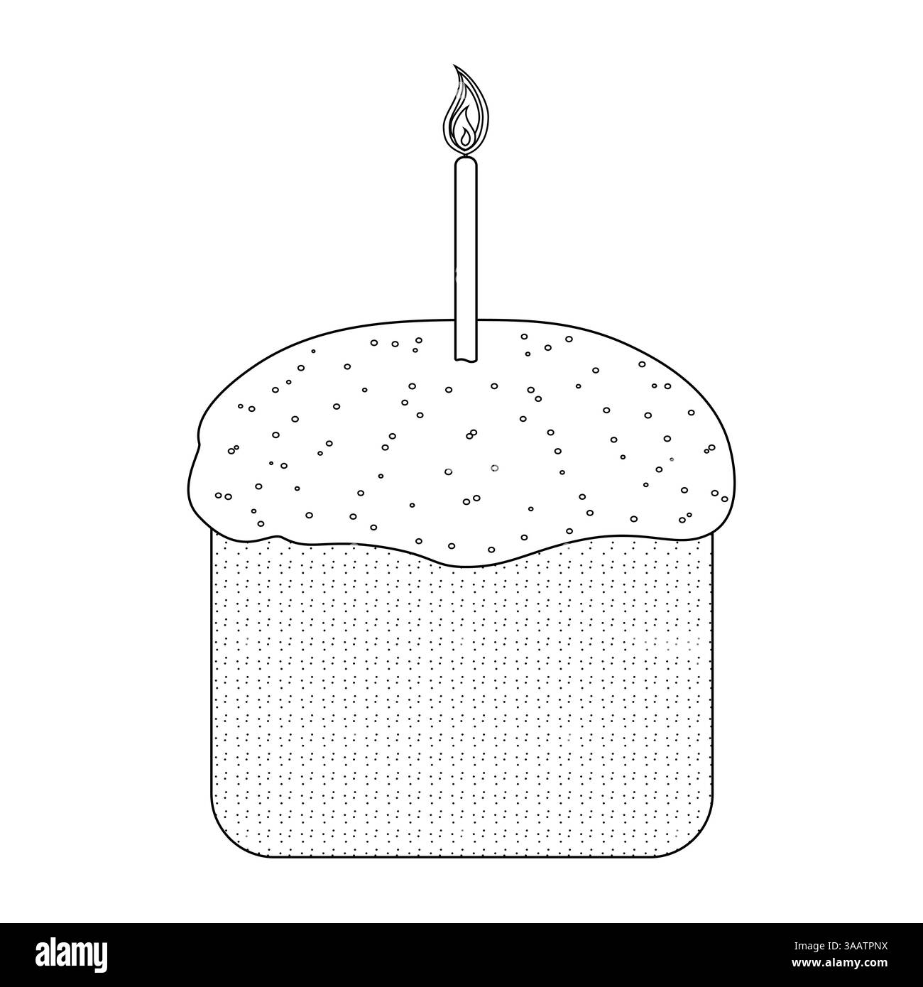 Traditional National Religious Easter cake - kulich - with frosting, sprinkles, and a lit candle in a black and white for coloring page. Stock Vector