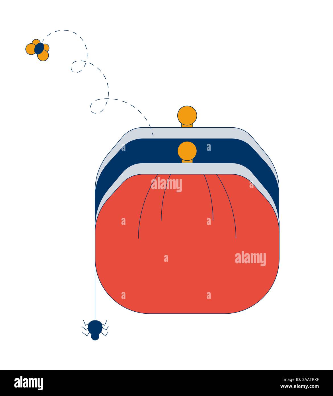 Empty coin purse with dangling spider and bug flying away 2D cartoon object Stock Vector