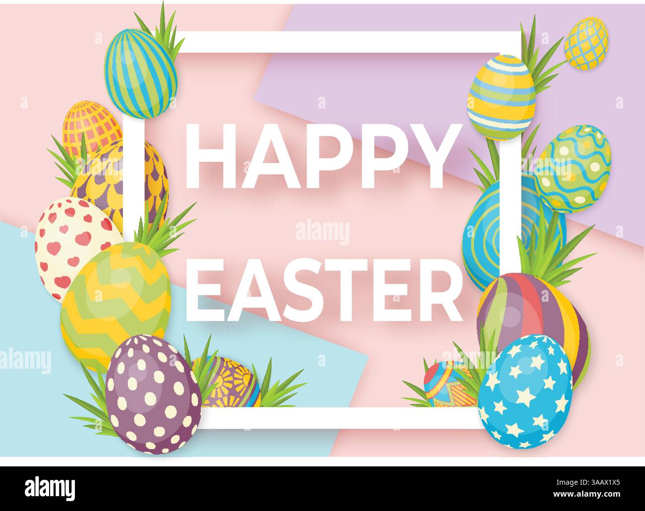 Happy easter template with white frame and eggs. Easter vector poster with eggs and grass Stock Vector