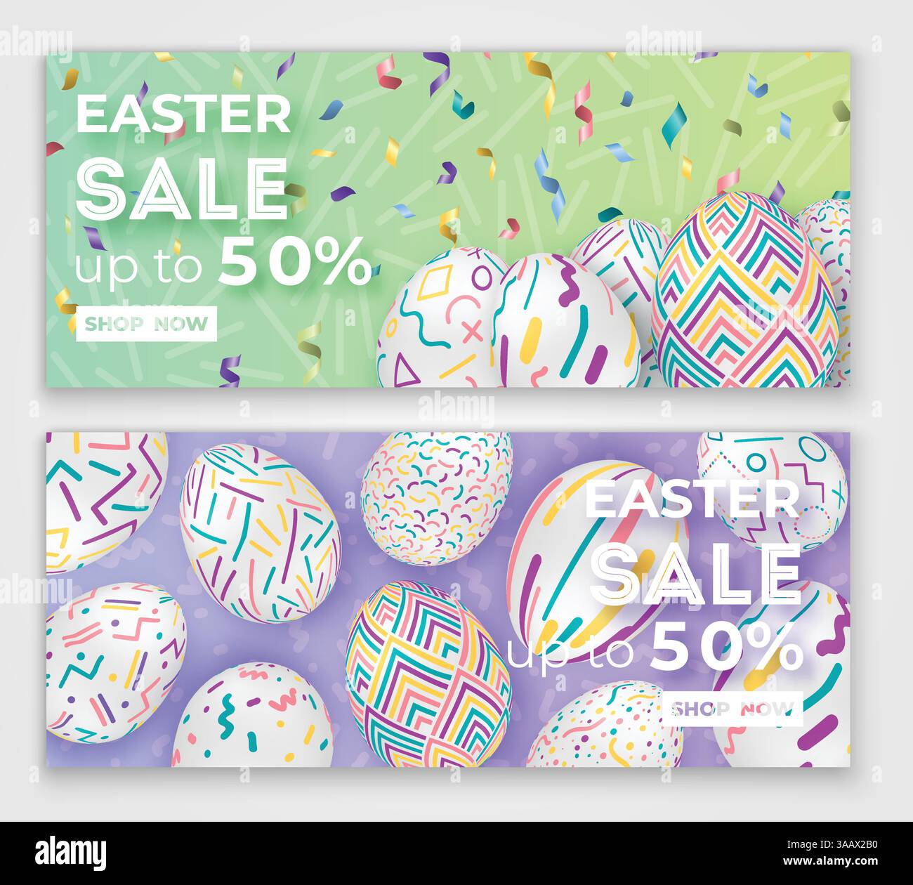 Easter banners with 3d ornate eggs on green and purple with letters. Cute vector easter background. Vector illustration Stock Vector