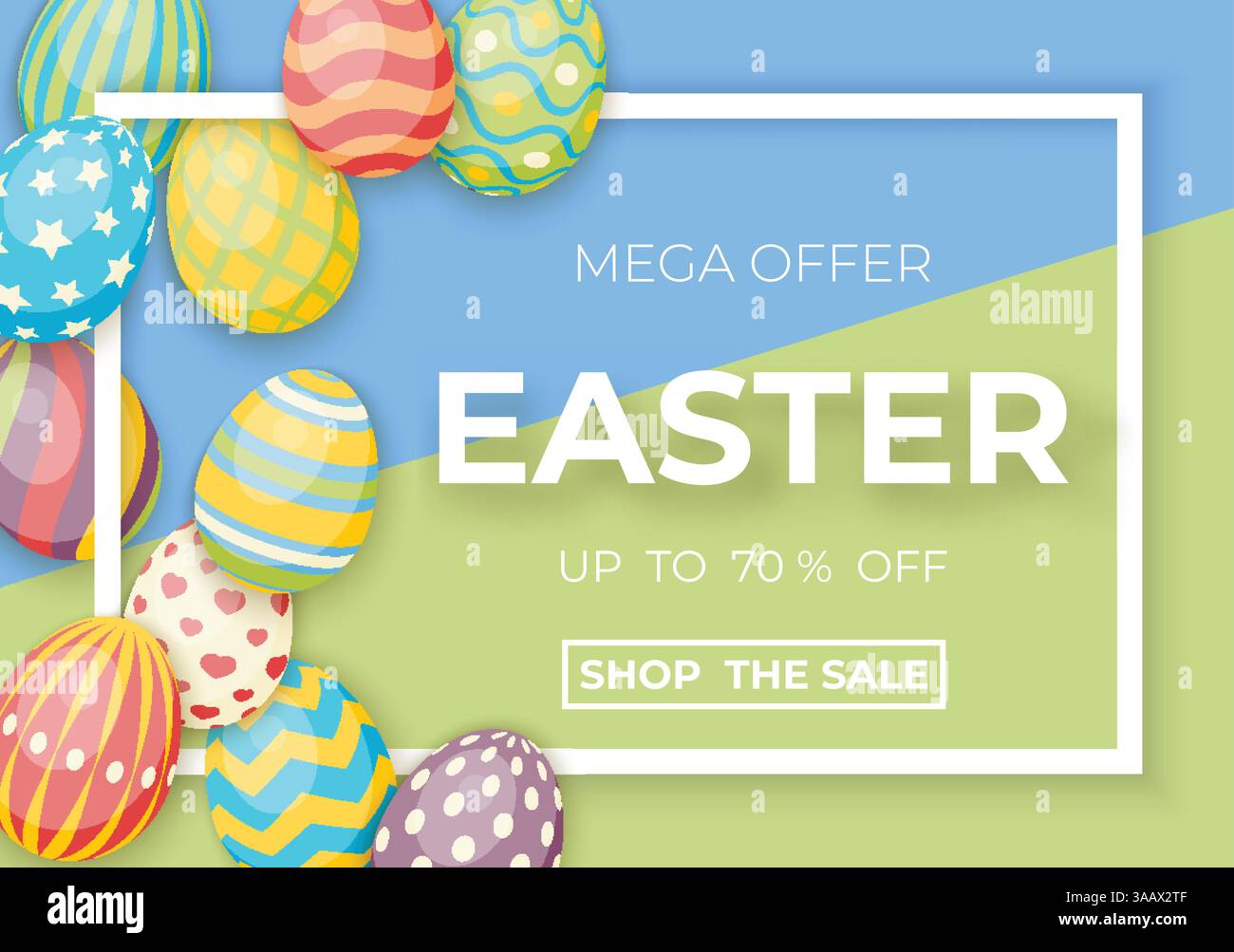 Happy easter template with white frame and eggs. Vector poster with eggs Stock Vector