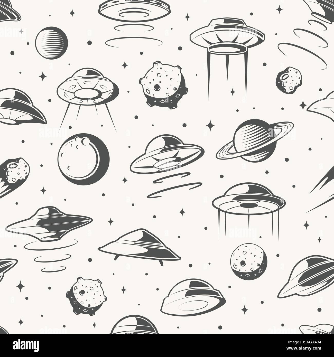 Seamless vector pattern. Space, UFO and planet background. Explore mission in space Stock Vector