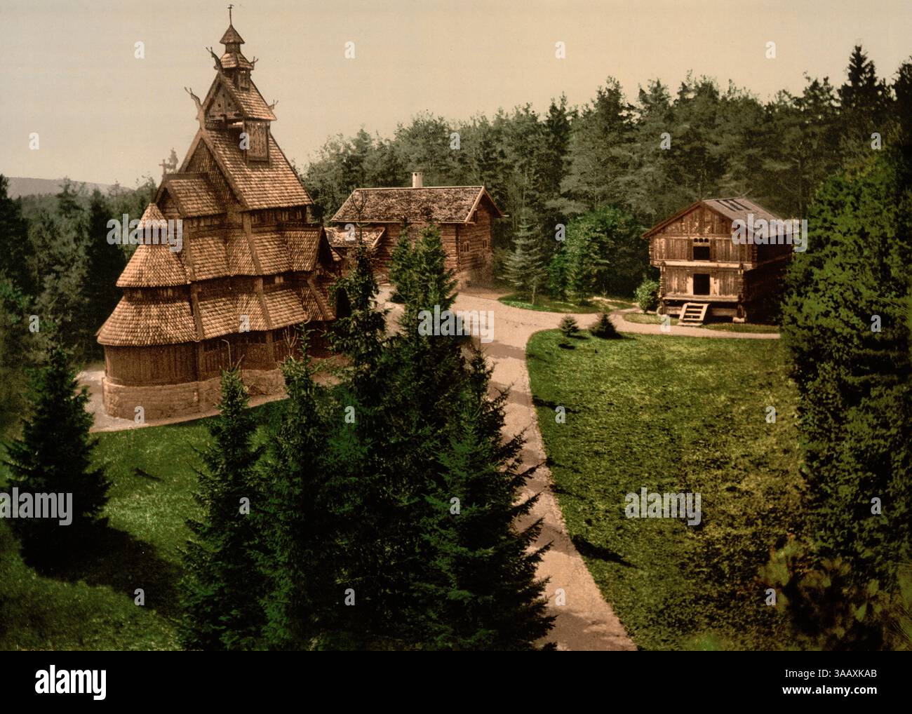 Vintage photochrom print of Gols church, Christiania, Norway. Stock Photo