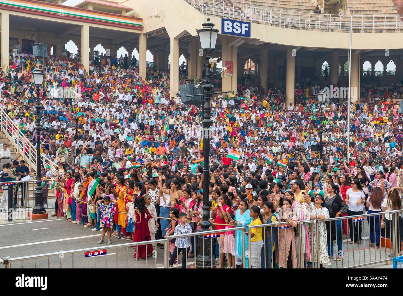 India, Punjab, Amritsar, Indo-Pakistan border, Wagah Border Ceremony Stock Photo
