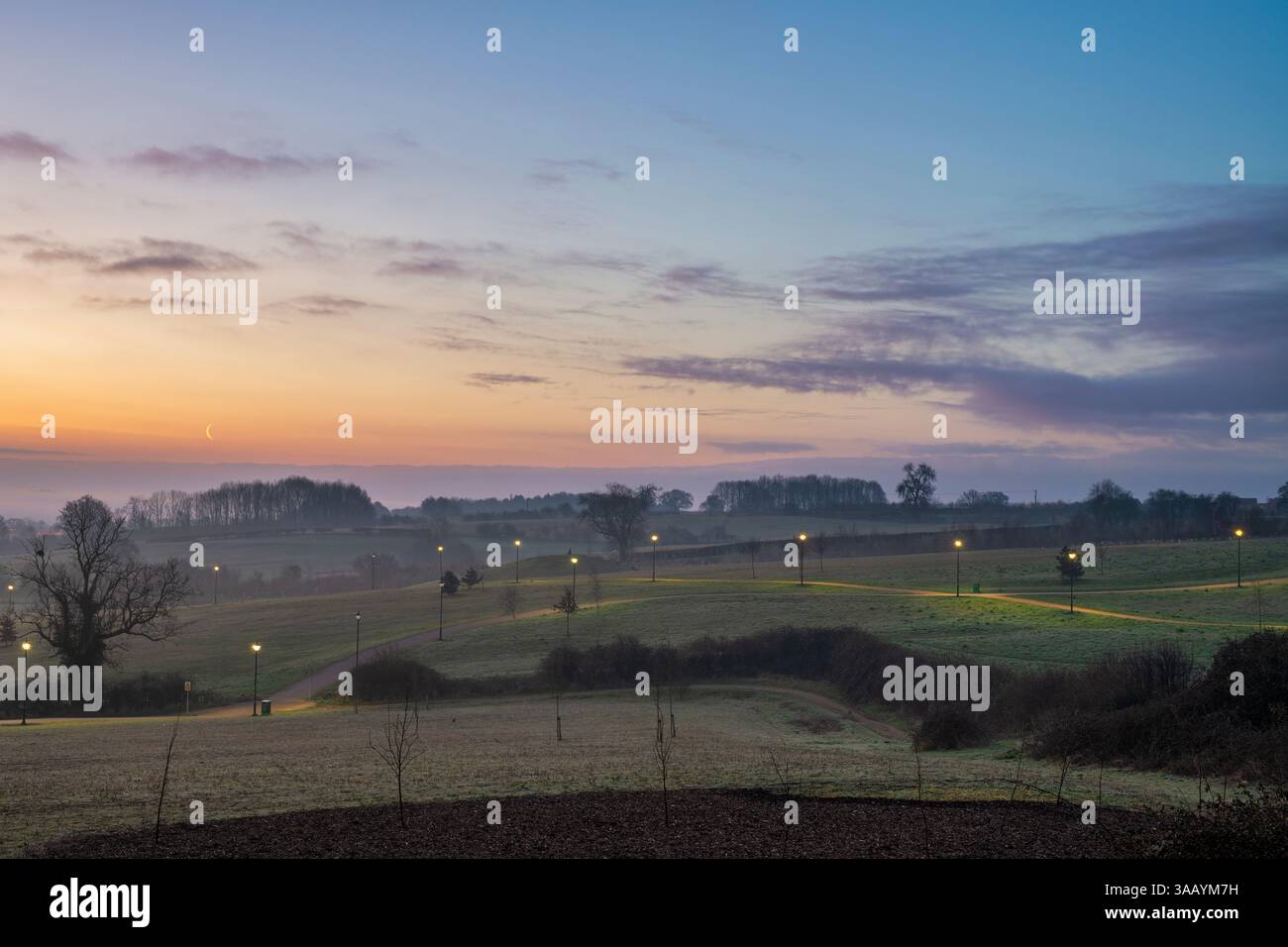 Longford park green space at dawn in march. Banbury, Oxfordshire, England Stock Photo