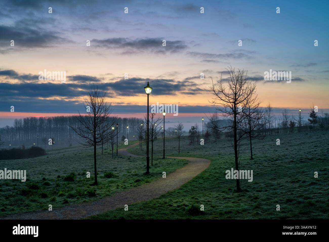 Longford park green space at dawn in march. Banbury, Oxfordshire, England Stock Photo