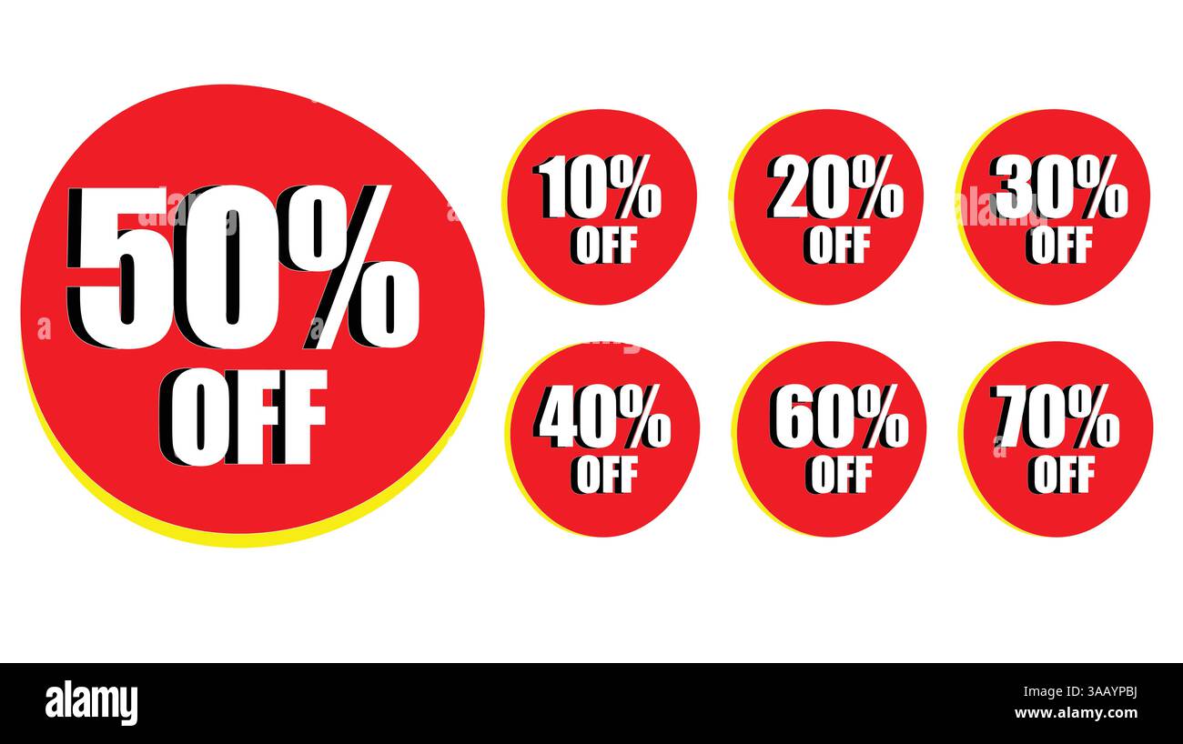 Discount Tags With 10%, 20%, 30%, 40%, 50%, 60%, And 70% Off On White Background Stock Vector